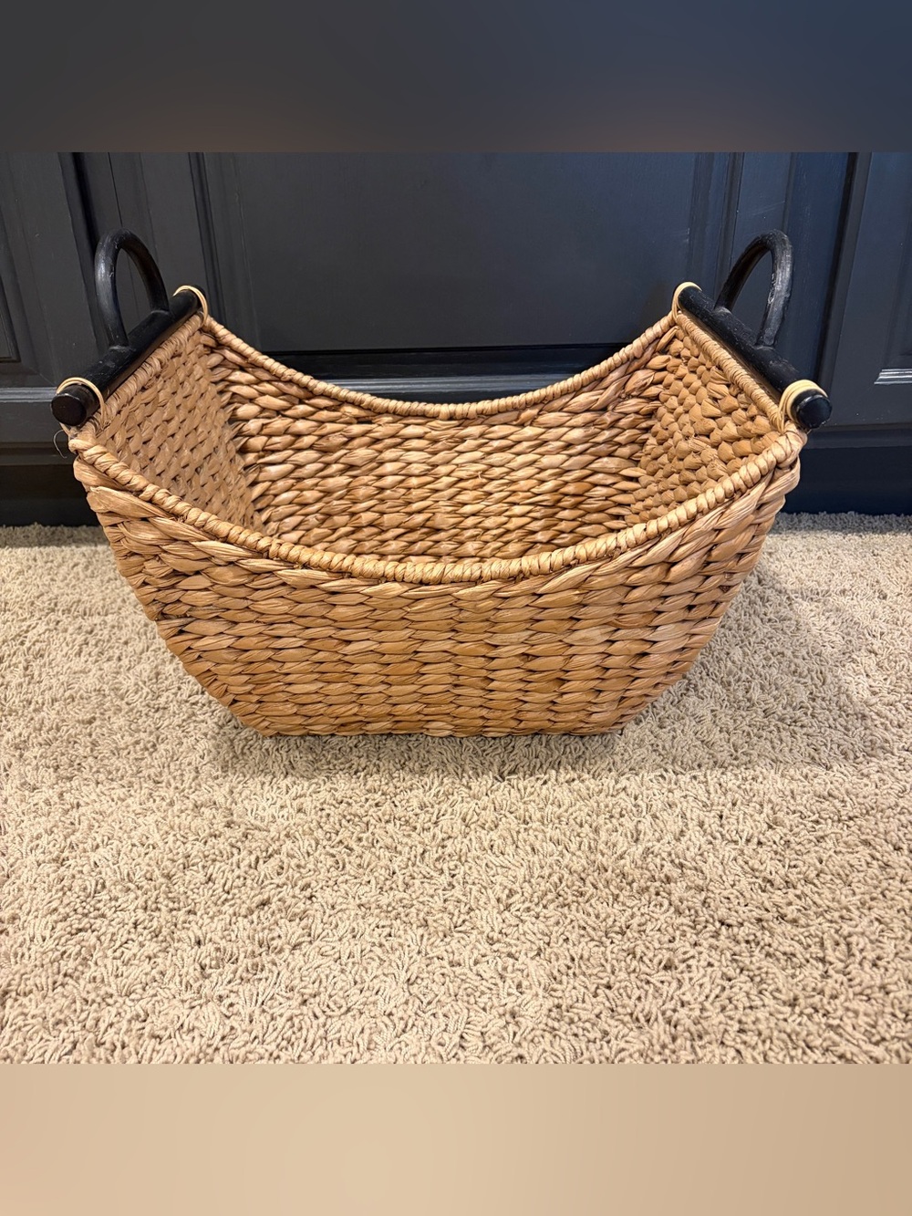 Vintage Large Boho MCM Woven Basket Wood Handles